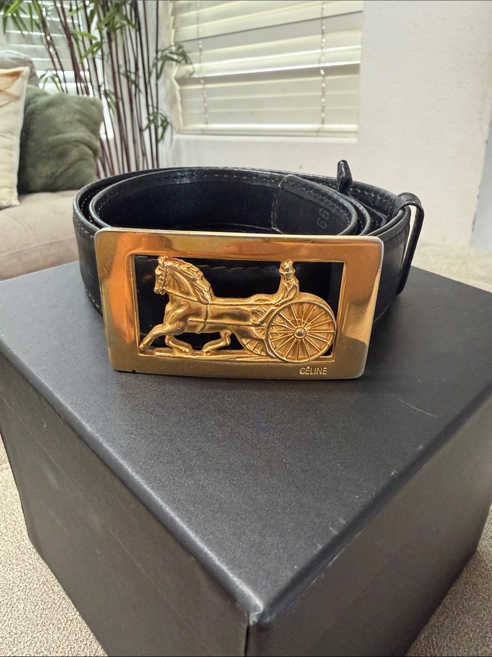 Celine Black Leather Belt with Gold Horse-and-Carriage Buckle